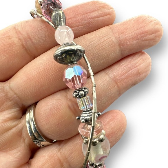 Sterling Silver Breast Cancer Awareness Bracelet Cat's Eye Glass Beads Toggle - Picture 6 of 7